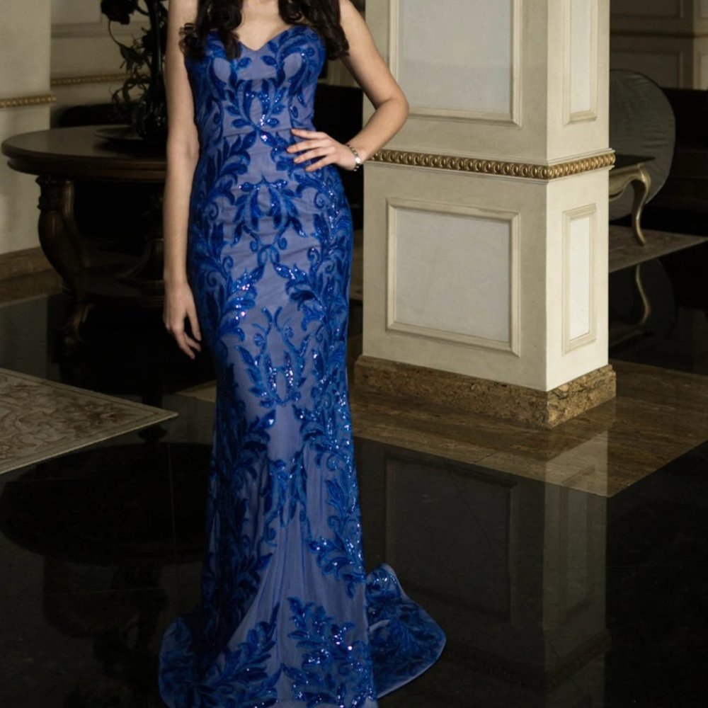 Royal Blue evening gown with flowers, Long romantic dress